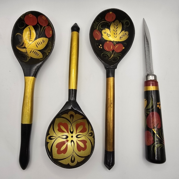 Vintage Russian Spoons Knife Set Of 4 Hand-painted +/- 8 Inches Long - Picture 2 of 6